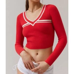 Urban Outfitters BDG Addison V Neck Ribbed Knit Sweater Red Sz M